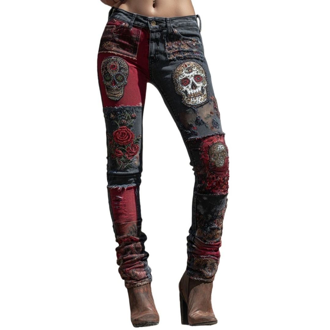 Retro Floral Print Jeans High Waist Slim Imitation Jeans Elegant Casual Trousers
